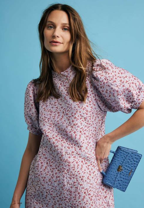 γυναίκες Mexx ροζ φόρεμα ζακάρ φουσκωτό μανίκι πολύχρωμο BR0F12