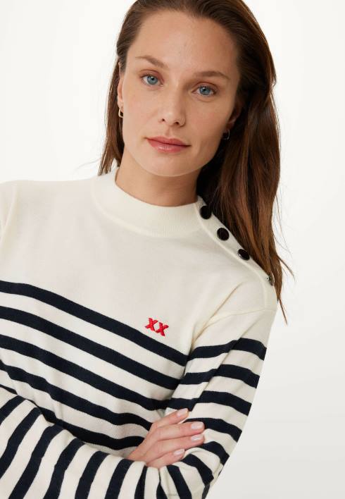 γυναίκες Mexx πλεκτό ριγέ πουλόβερ μανίκι καμπάνα σε λευκό μπεζ BR0F112